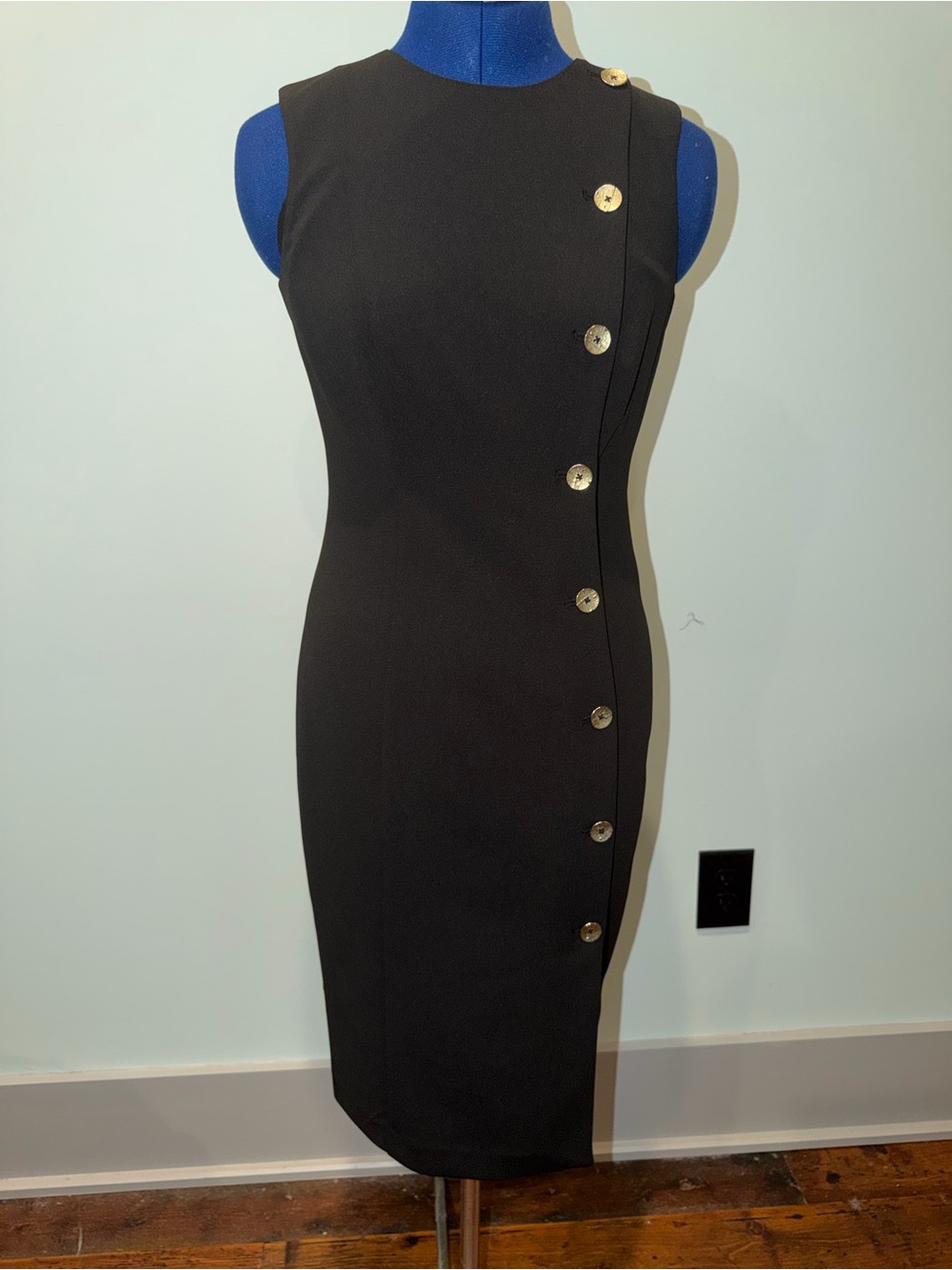 Calvin Klein Black Sheath Dress with textured metallic Buttons